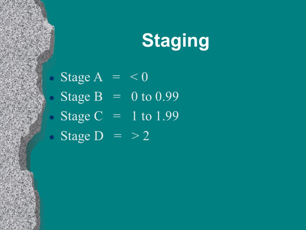 Staging Stage A = < 0 Stage B = 0 to 0.99 Stage C